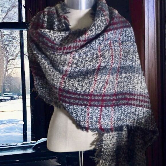 Boho Chunky Plaid Oversized Knit Scarf with Fringe | Cozy Winter Wrap 6’x3’ - Picture 2 of 16